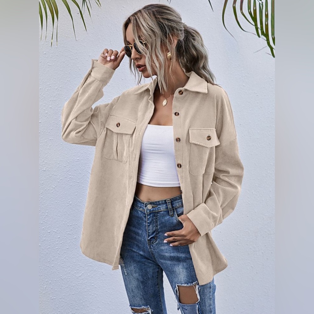 SHEIN Corduroy Drop Shoulder Button-Front Shacket